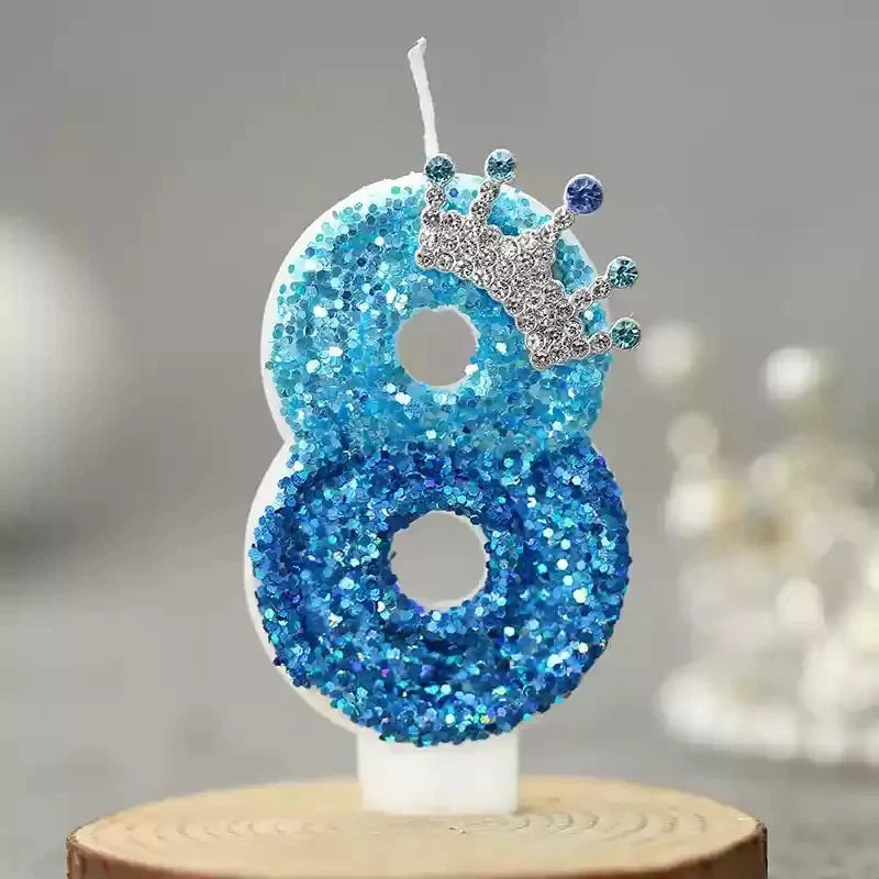 Crown Decor Digital Birthday Candles Blue Sequins Cake Decoration