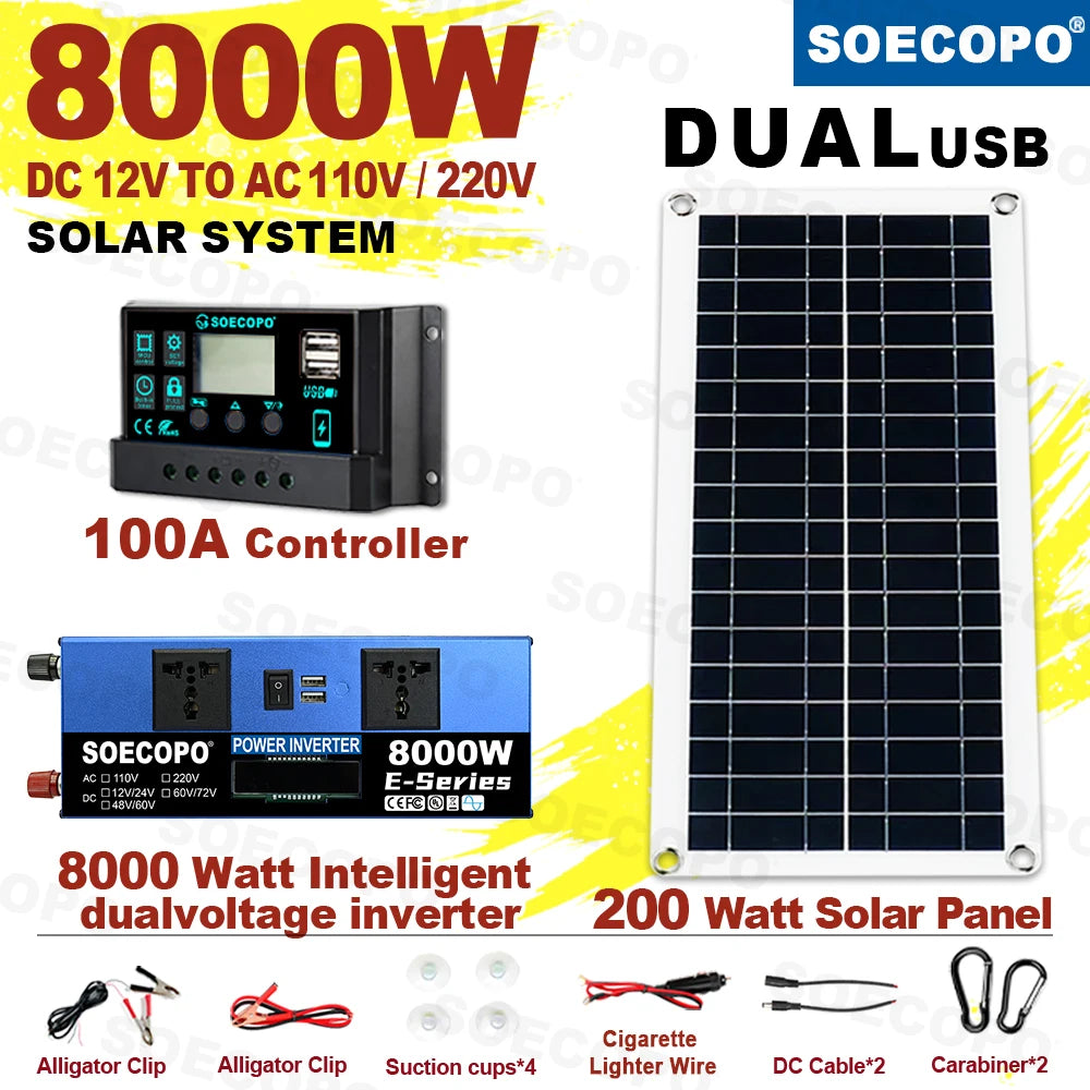 8000W Off-Grid Solar System Complete Kit Dual12V/24V To 110V/220V Inverter 100A Controller 200W Panel for Home/Camping Backup Zpaxo