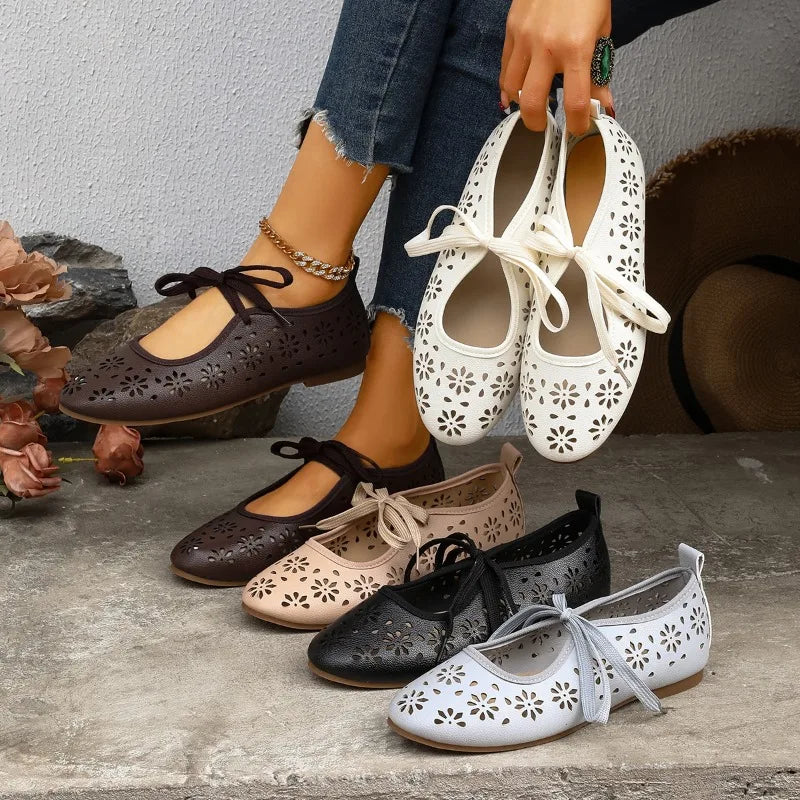 2026 Women's Flats Lace Up Single Shoes Ladies Spring Hollow Zpaxo