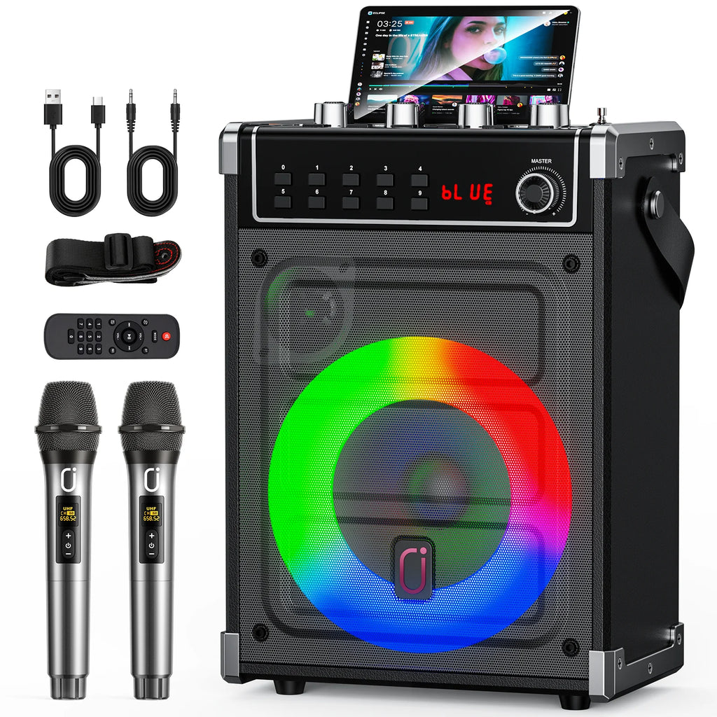 JYX Karaoke Machine 2 UHF Wireless Microphones Bluetooth Speaker Bass Zpaxo 69-Black