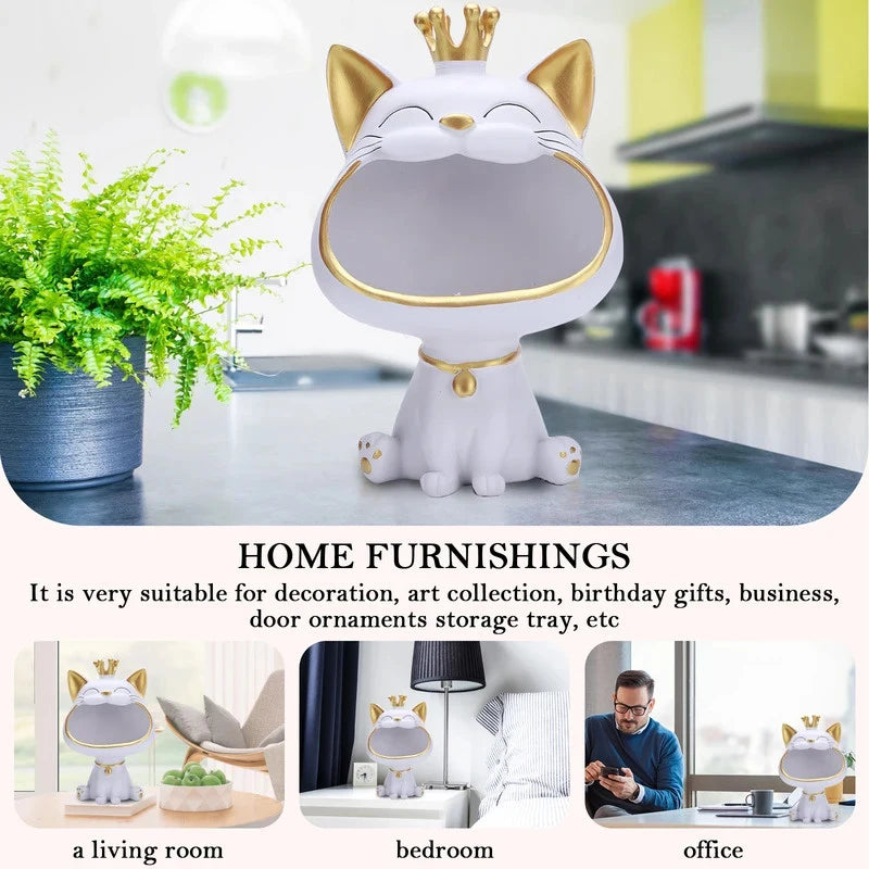 Cute Big-mouthed Crown Cat Resin Storage Sculpture Multifunctional