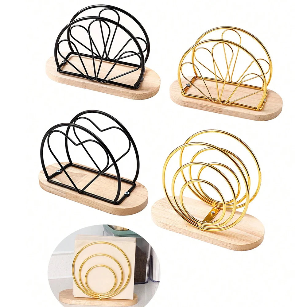 Napkin Holder with Wooden Base Metal Napkin Organizer Stand Tissue Dispenser Elegant Tabletop Decoration for Home Restaurant Zpaxo