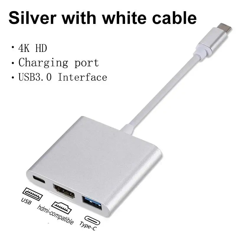 3 In 1 Usb Hub USB C to HDTV Splitter HUB Type-C to HDMI-compatible USB3.0 Docking Station For MacBook Air Pro Samsung Converter Zpaxo Silver-White