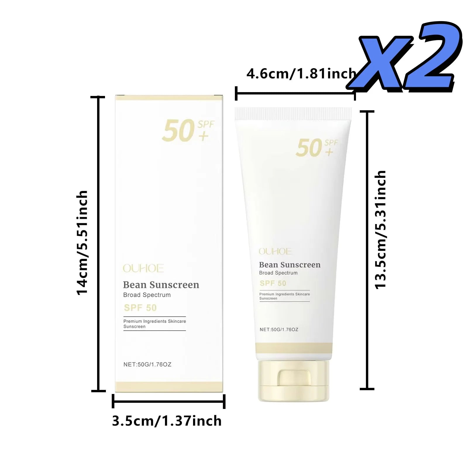 Ouhoe SPF 50+ Moisturizing Sunscreen UVA/UVB Broad Spectrum Moisturizing Sunscreen Zpaxo 50g X 2pcs
