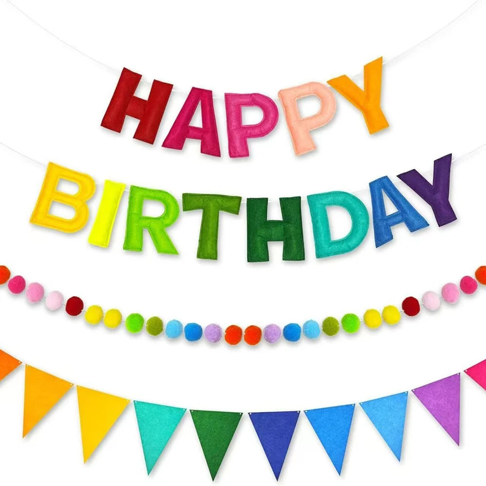 Felt Colorful Happy Birthday Banner Party Rainbow Fabric Garland Pom Zpaxo Rainbow