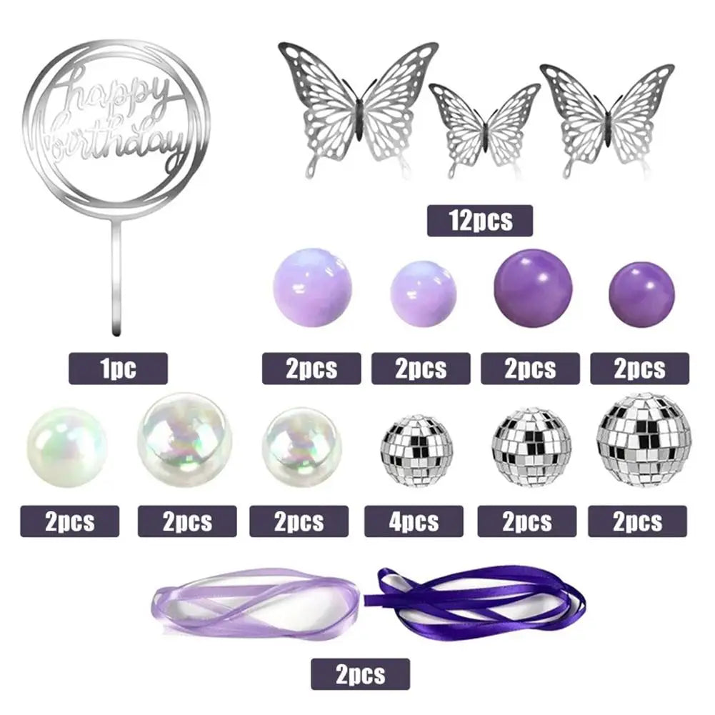 Disco Dance Music Birthd Disco Ball Cake Topper Purple and Transparent Pearl Balls Decorations with Silver Butterfly for 70s 80s Zpaxo SET