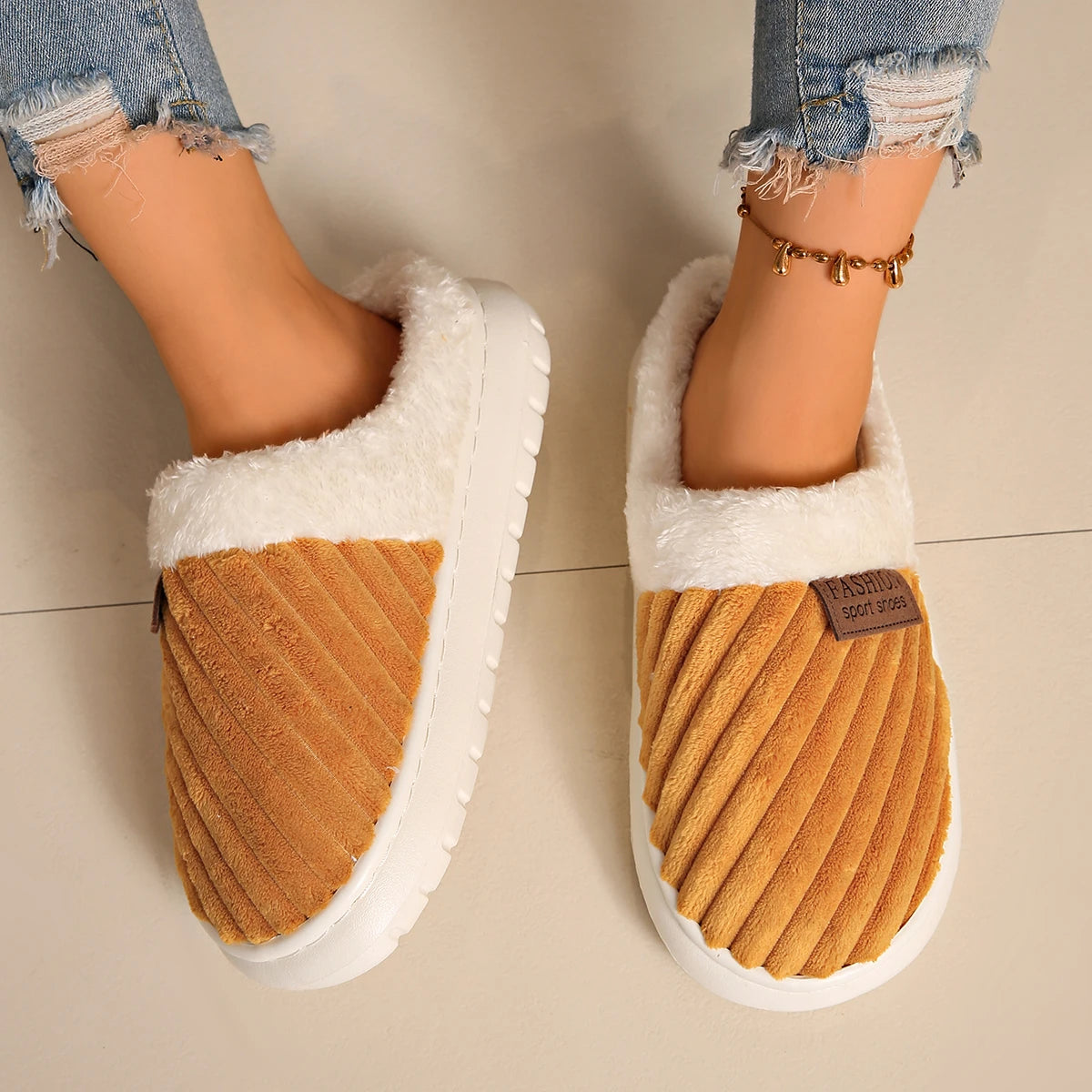 2025 Women Slippers Winter Home Casual Cotton Shoes Women Unisex Concise Flat Plush Slippers Non-slip Warm Fluffy Slides Women Zpaxo Turmeric 42-43