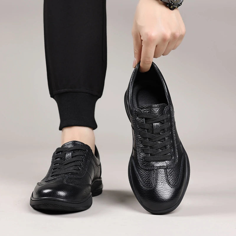 Mens All Black Leather Casual Sneakers Low Lace Up Comfortable Shoes Zpaxo