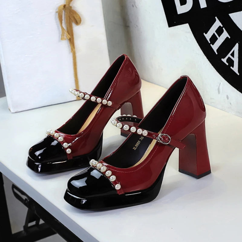 Retro Square Toe Thick Heel Shoes Waterproof Platform Pearl Heels Zpaxo