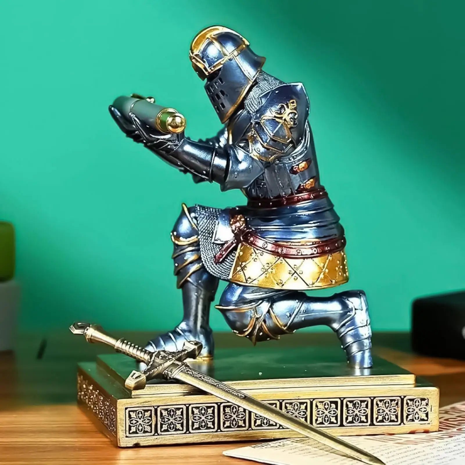 Cool Pen Holder Kneeling Pose Crayon Stand Knight Statue for Paper Pencils Table Painting Brush Workplace Classroom School Craft Zpaxo