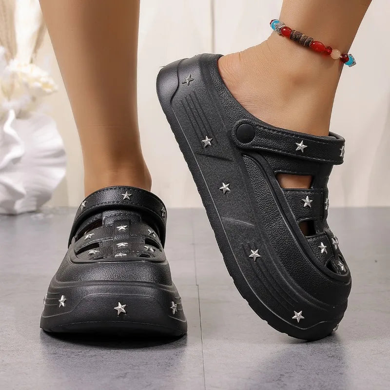 Women's Round Closed Toe Solid Hollow Out Breathable Heel Slippers Zpaxo