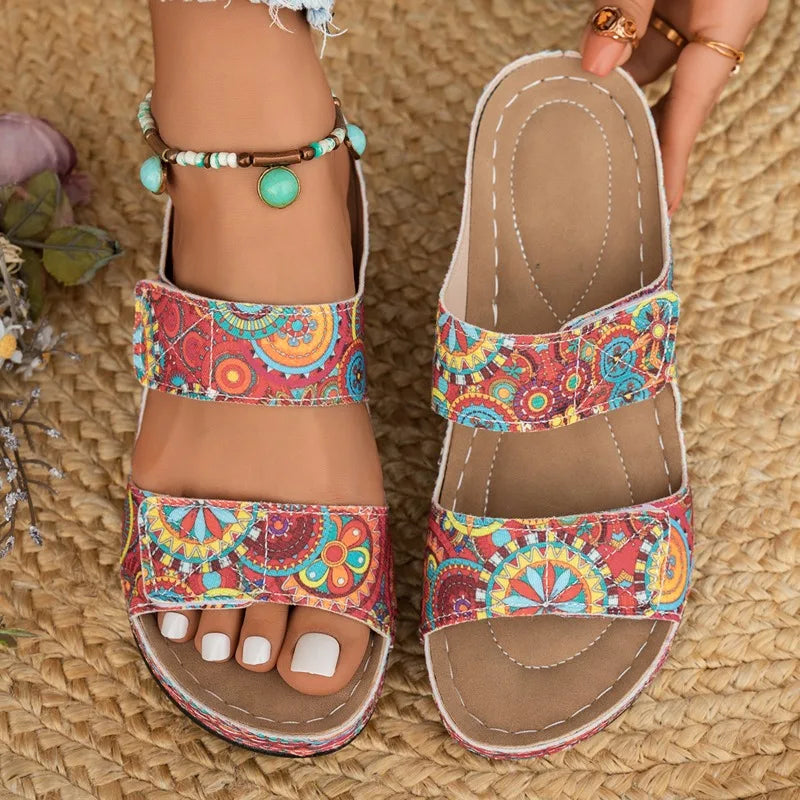 2026 New Lightweight Open-Toe Wedge Sandals Platform Ethnic Style Women Large Size Beach Slippers Casual Slip-On Shoes for Women Zpaxo Red 42