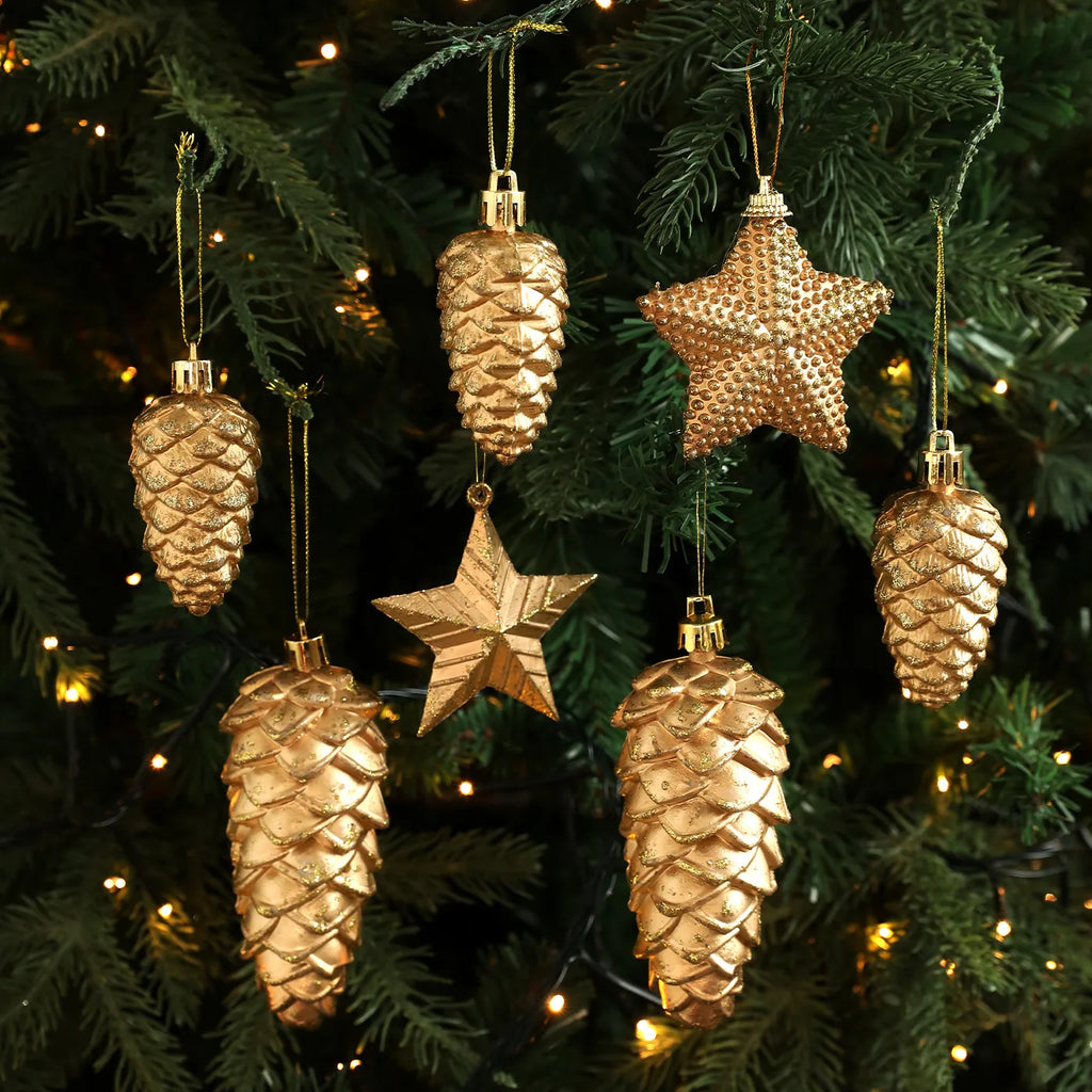 Gold Glitter Pine Cone & Star Christmas Tree Ornaments