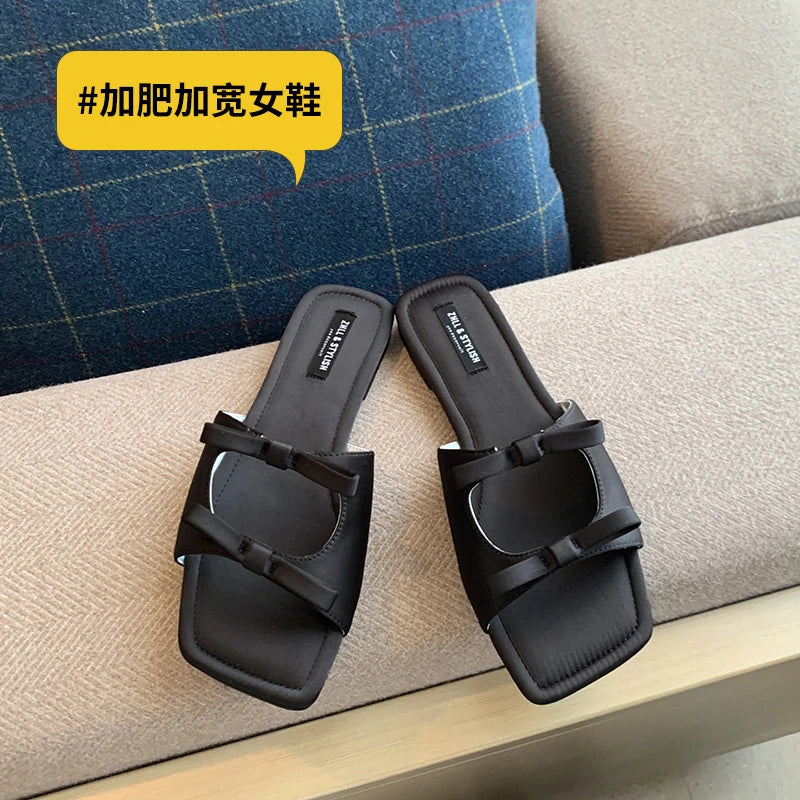 Womens Silver Bow Knot Square Toe Slide Sandals Open Flat Slippers Zpaxo 261-3 Black 43 China Mainland