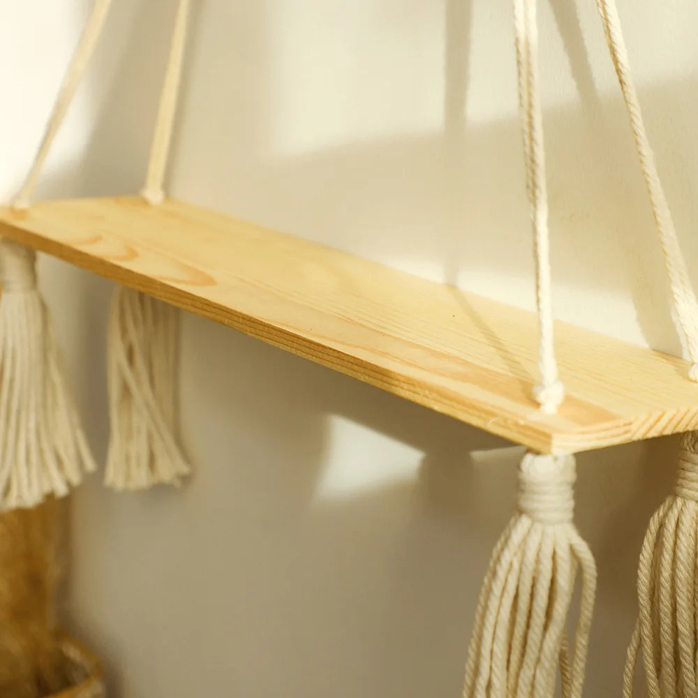Handmade woven tassel wooden bead flowerpot shelf simple homestay living room home wall pendant Zpaxo