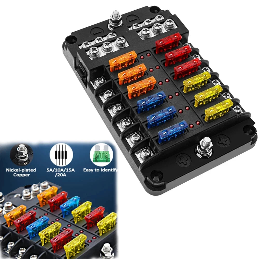 Car Boat Fuse Box Holder 12 Way Blade Block Warning Indicator 12V 24V