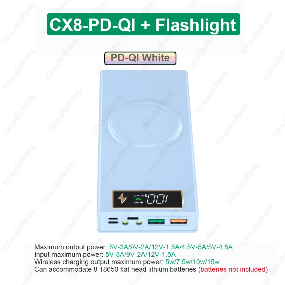 Wireless Power Bank Battery Case 12V PD QC3.0 USB C Quick Fast Charging DIY Shell 18650 Battery Charger Case for iPhone 14 Zpaxo PD-QI White CX8