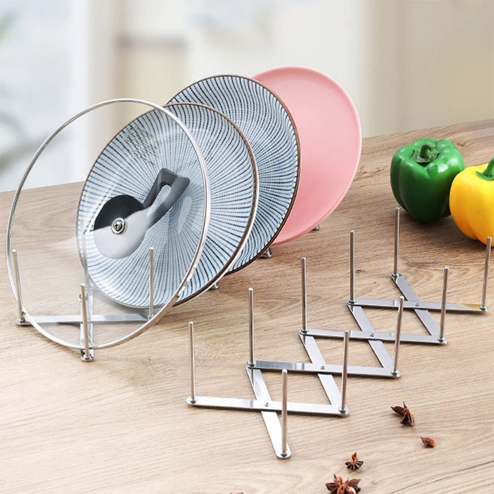 Pot Lid Rack Pan Lid Organizer Retractable Foldable Stainless Steel Plate Dish Holder Shelf Tableware Storage Kitchen Gadgets Zpaxo