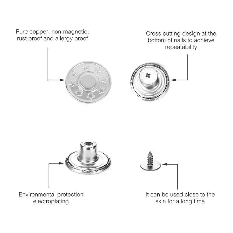 No-Sew Metal Snap Jeans Button Replacement Kit – 10/20/30 Pcs