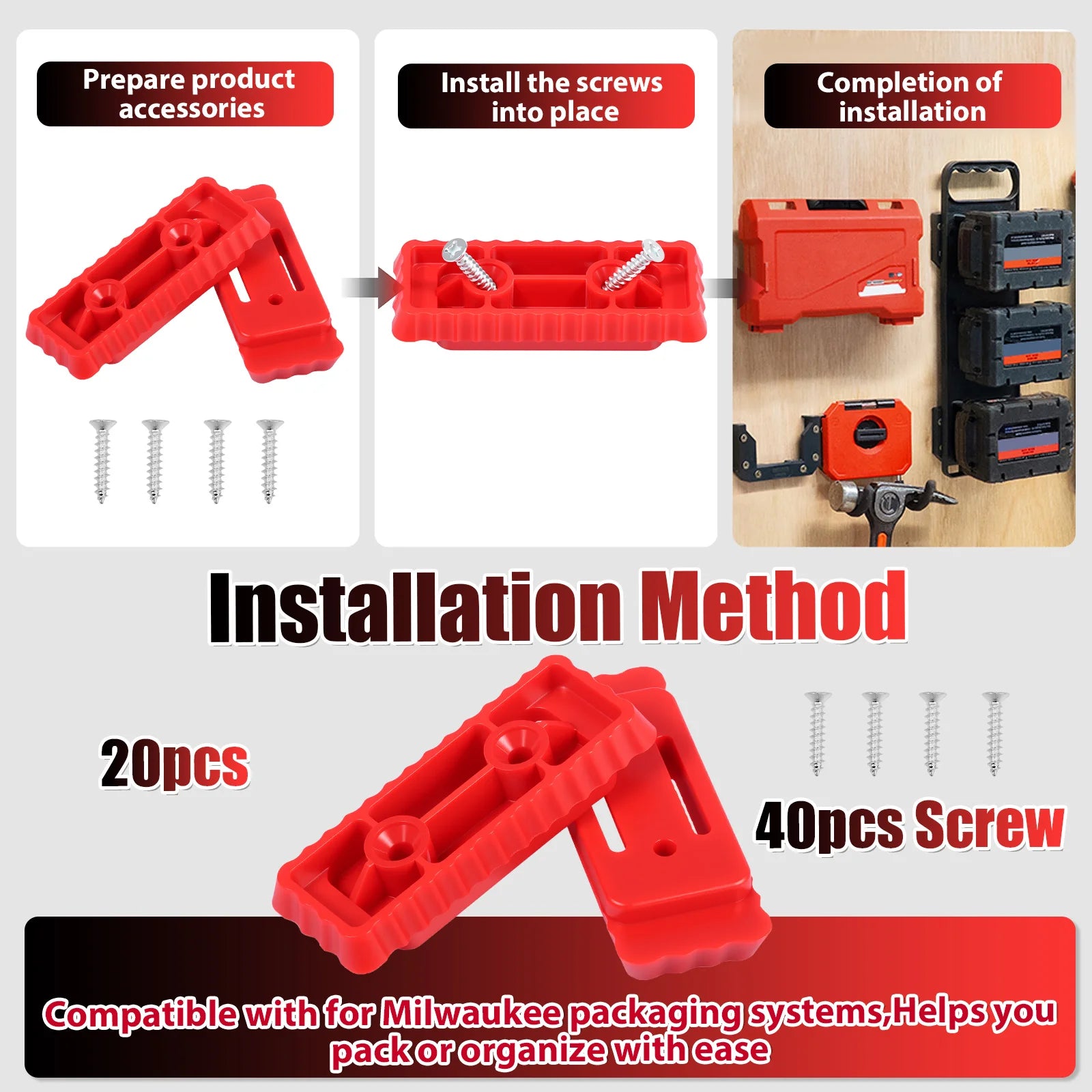20Pcs Mounting Feet Set for Milwaukee Packout System Heavy Duty Plastic Brackets Pre-drilled Holes for Workshop Garage DIY Home Zpaxo