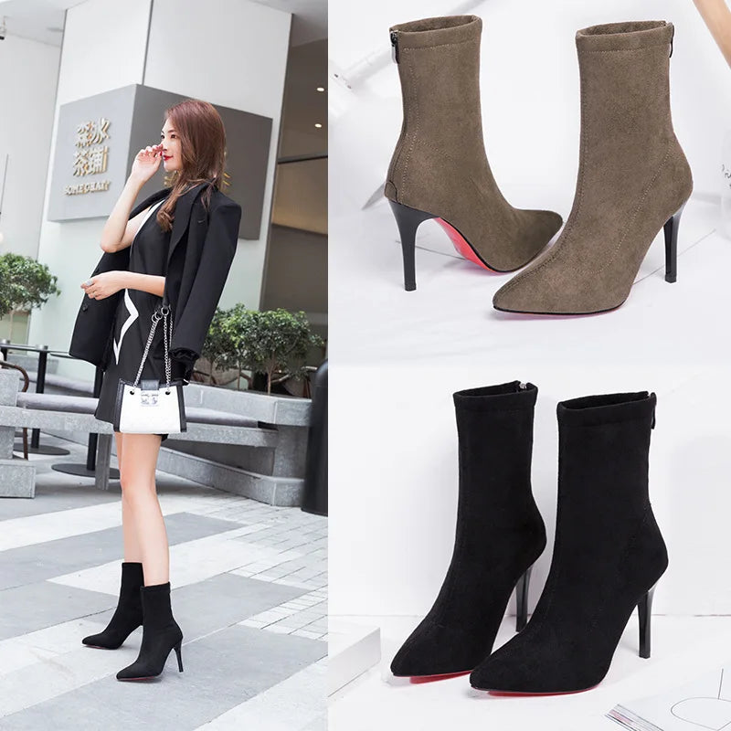 2023 Autumn Winter Heel Velvet Short Boots Pointed Toe Solid Thin Zpaxo
