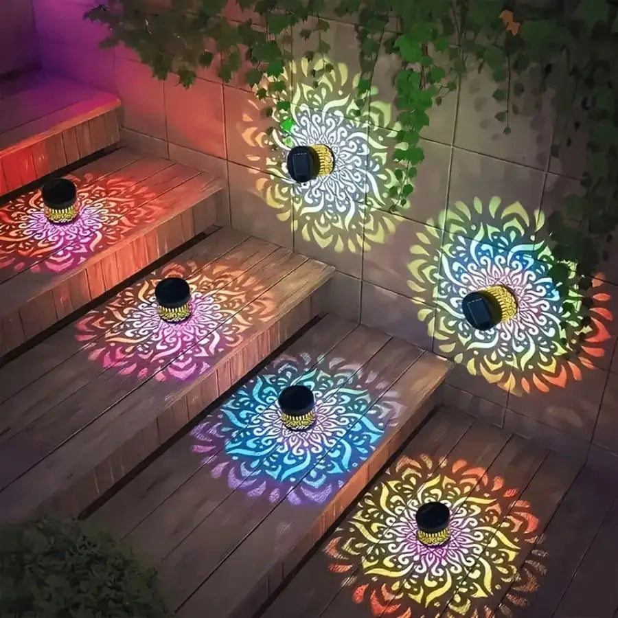 Solar-powered Mandala Pattern Projection Lamp Wrought Iron Mesh Floor