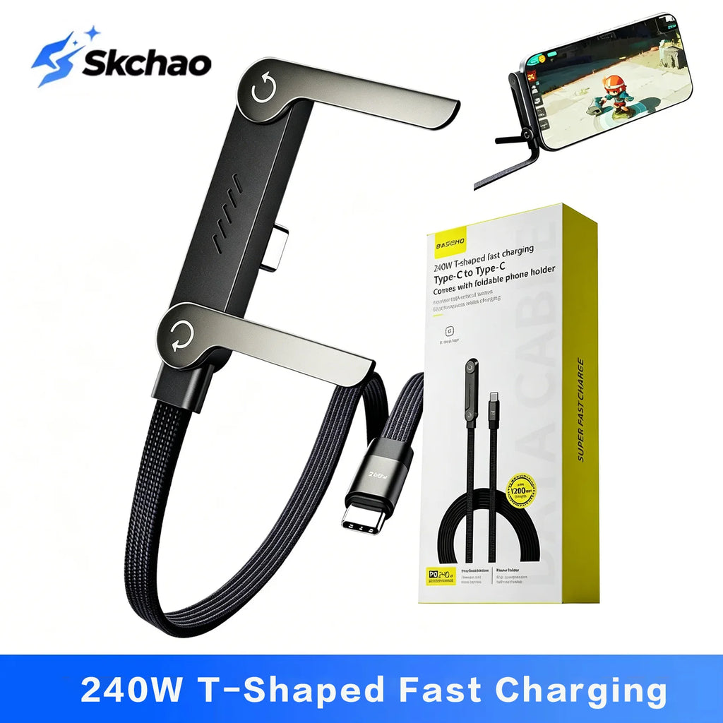 240W Ultra Fast Charging Cable Type-C to C Elbow Foldable Stand Data Sync Cable Multifunctional Phone Holder For iPhone Samsung Zpaxo