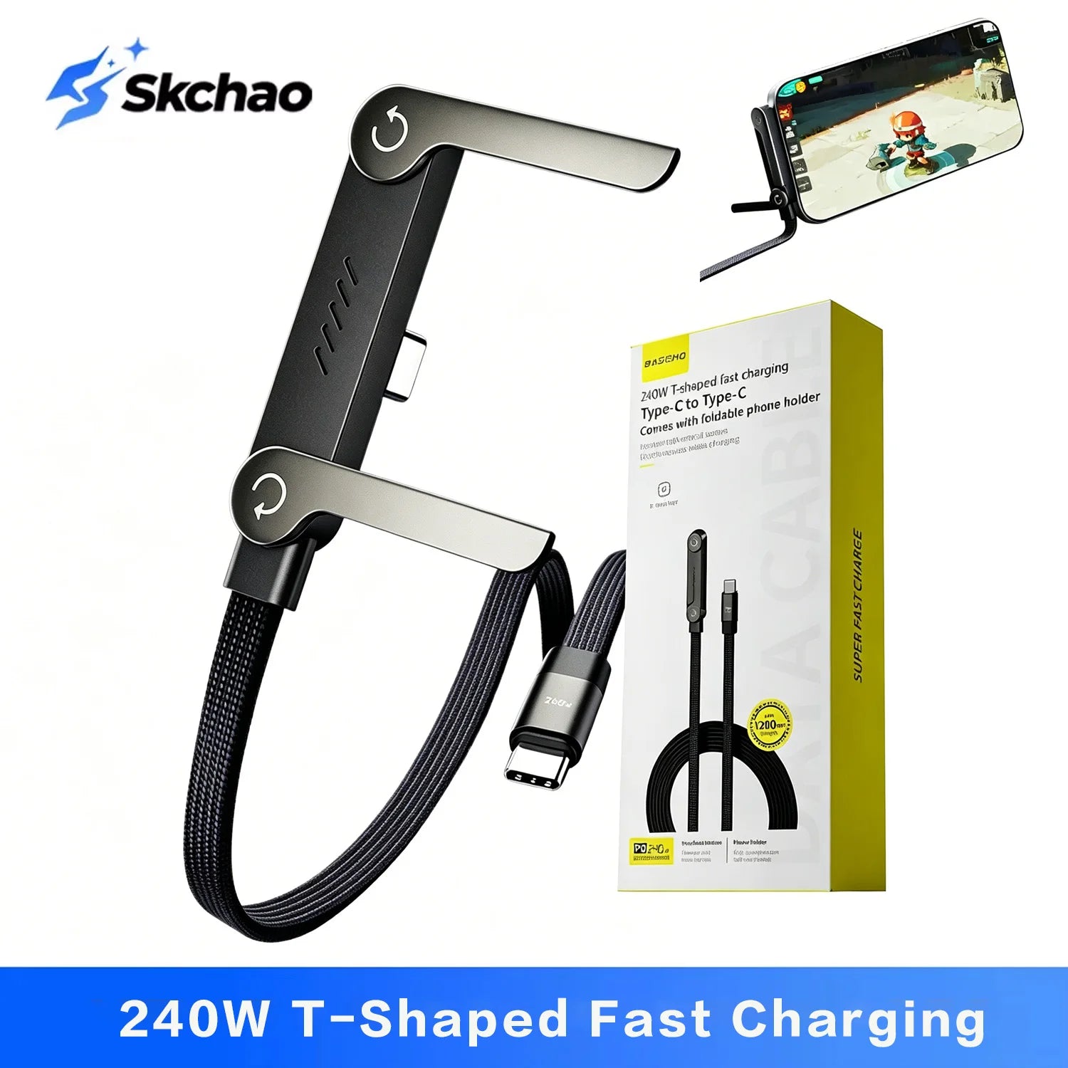 240W Ultra Fast Charging Cable Type-C to C Elbow Foldable Stand Data Sync Cable Multifunctional Phone Holder For iPhone Samsung Zpaxo