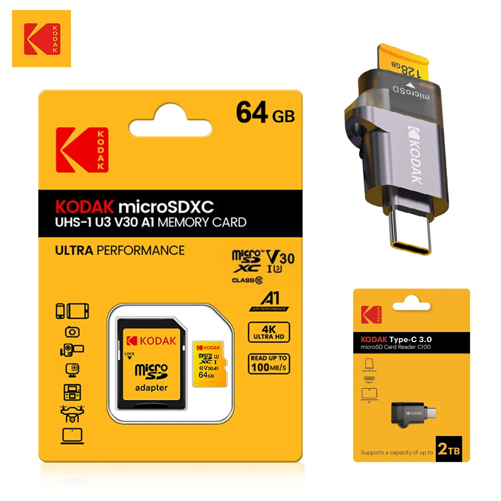 KODAK Micro SD Card 32GB 64GB 128GB V30 U3 4K Yellow for Dash Cam Driving Recorder TF Card Zpaxo 64G and Card reader