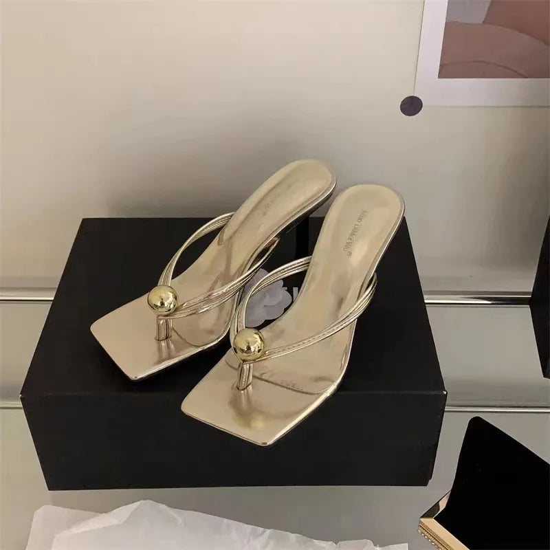 Pearl Thong Sandals Women's Summer Outer Wear 2025 New Fashion Elegant High Heels Stiletto Sandals Zpaxo 36 Gold