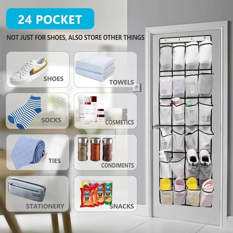 Over Door Shoe Organizer 24 Large Breathable Mesh Pockets Foldable