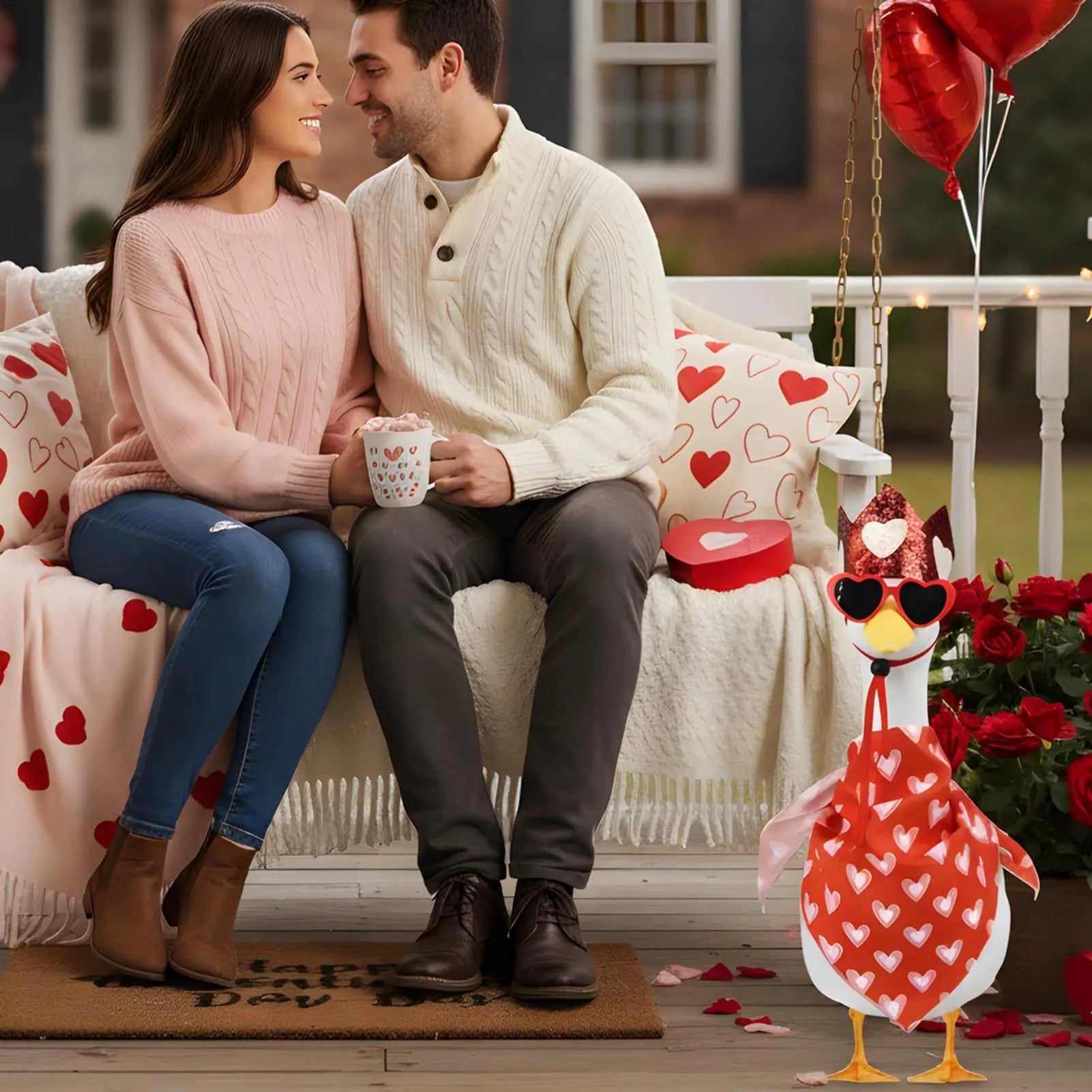 Valentines Day Porch Goose Outfit Headscarf Heart-shaped Glasses