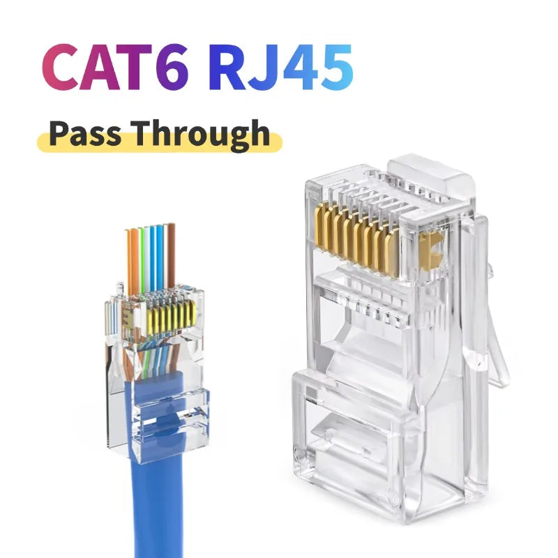 50 RJ45 Cat6 Pass Through Connector Gold Plated Unmodule Plug Network Zpaxo