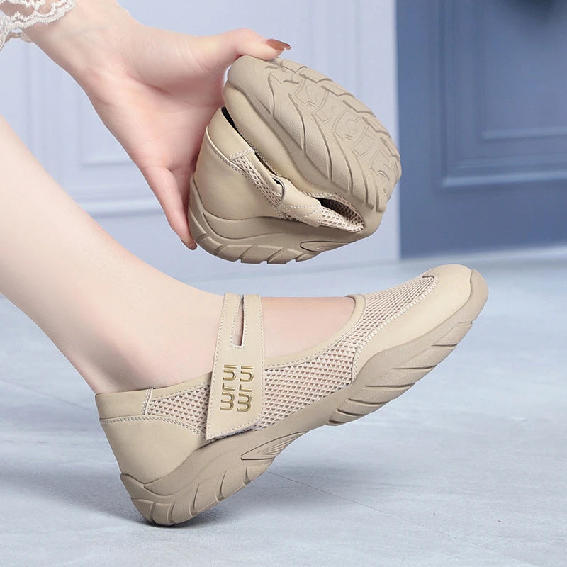 Womens Beige Mesh Mary Jane Sneakers Adjustable Strap Chunky Sole Zpaxo