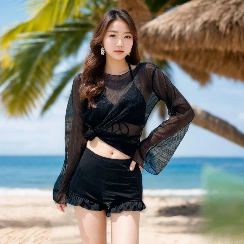 Swimming Suit for Women Solid Color Slimming One-piece Dress Style Conservative Waist Tightening Slimming Vacation Swimsuit Zpaxo B black 3pcs M