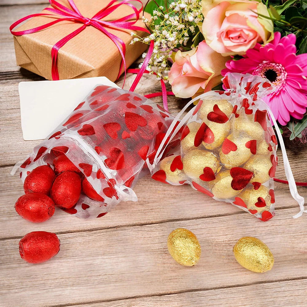 6/30/60/120Pcs Valentine's Day Red Heart Organza Bags Gift Bags Pouches Jewelry Candy Packaging Drawstring Bags for Wedding Zpaxo