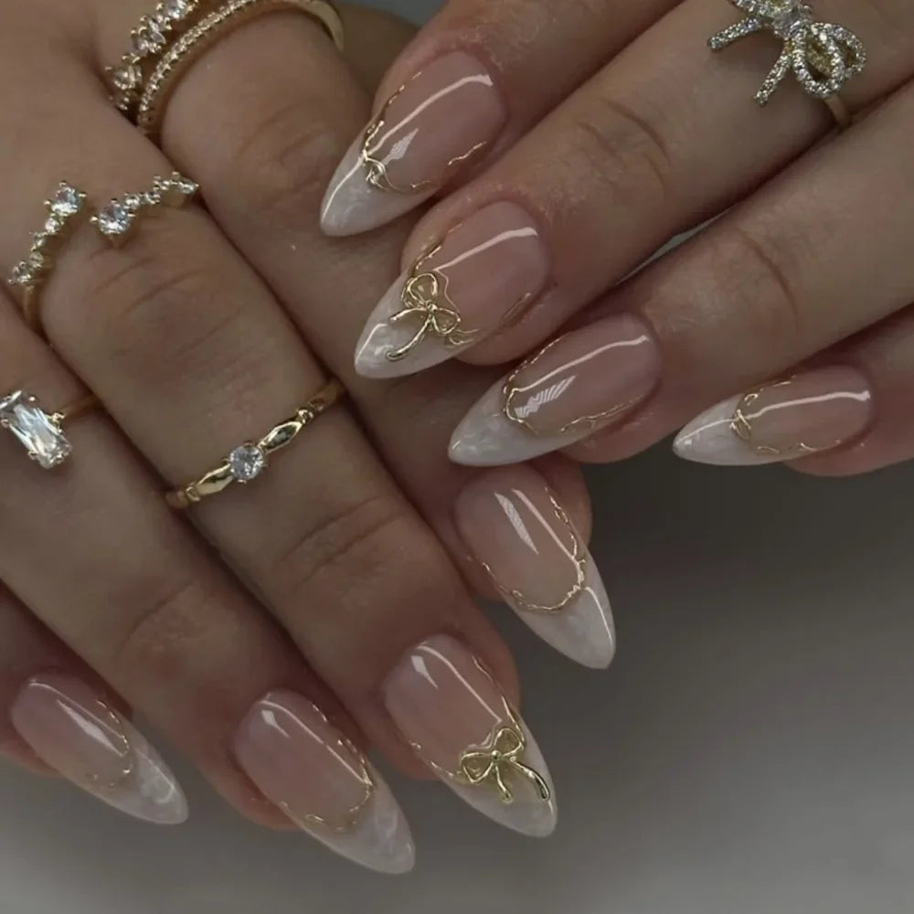Long Almond False Nails French Leopard Star Press Fake DIY Manicure