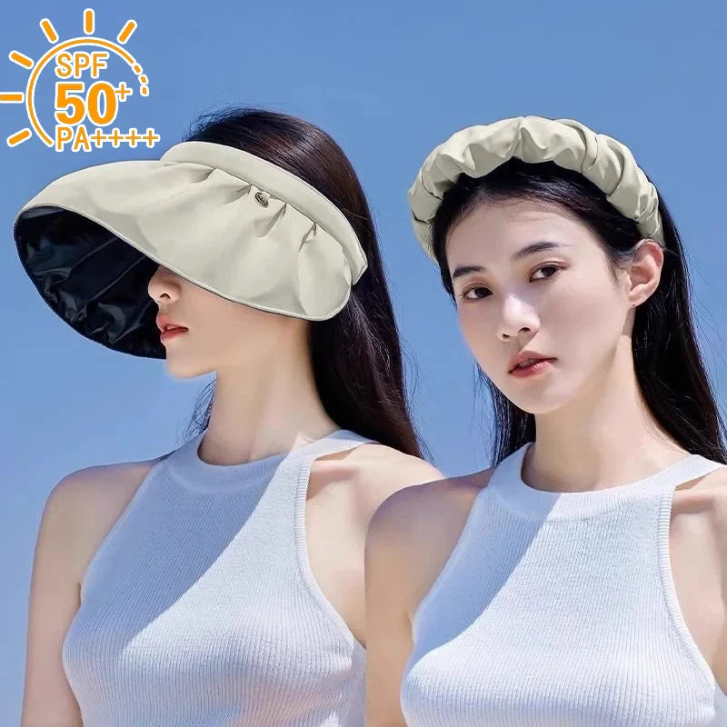 UPF50+ Women's Crownless Sun Hat Foldable Headband Korean Wide Brim