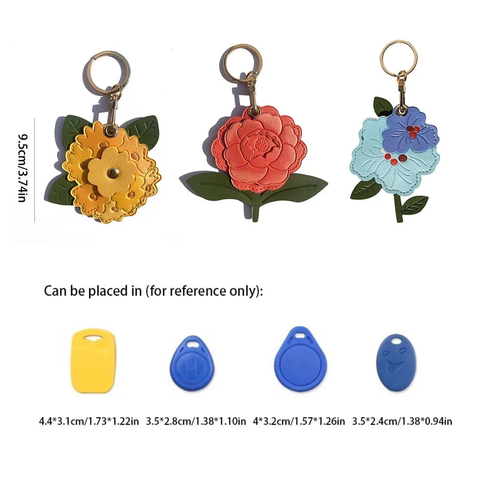 Entrance Guard Card Peony Flower Keychain Keyring Protective Case Peach Blossom Access Card Holder PU Leather Creative Zpaxo