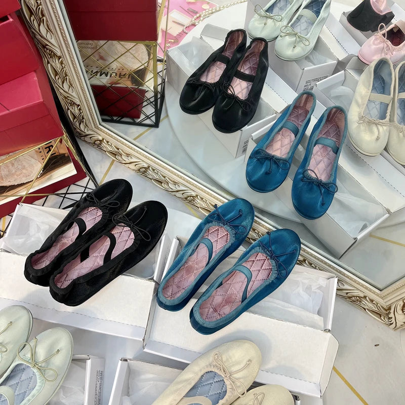 Flat Shoes for Women's Spring Summer Silk Bow Ballet Shoes Women's Round Toe Student Flat Bottom Mary Jane Shoes Lolita Shoes Zpaxo