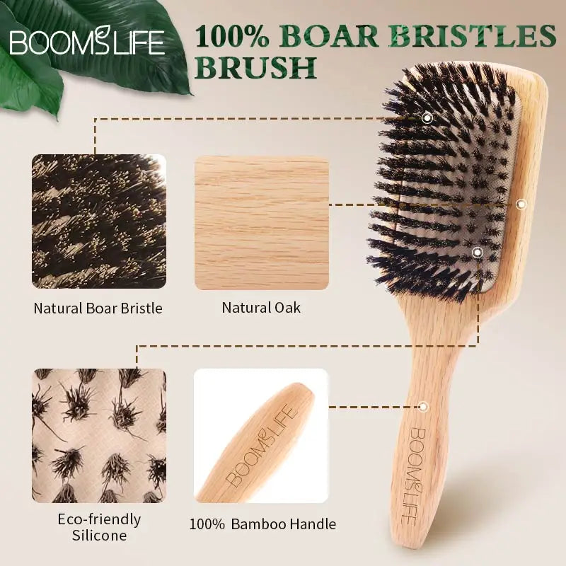 Boar Bristle HairBrush Wood Hair Brush Peine OAK Wood Combs for Women Barber Beauty Care Paddle Scalp Massage Brush Zpaxo
