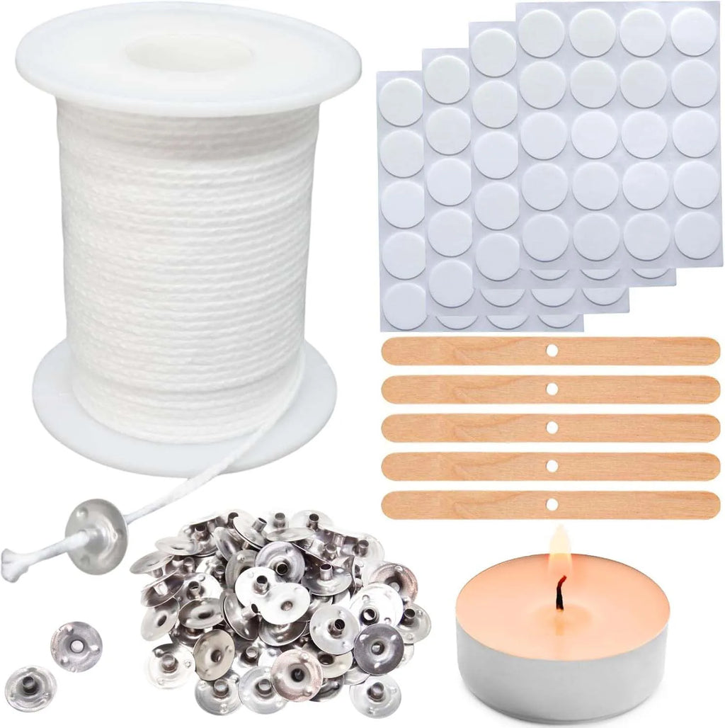 Candle Making Kit 61m Candle Wick Roll 100Pcs Metal Candle Wick Tabs, 60Pcs Candle Wick Stickers 5Pcs Wooden Candle Wick Zpaxo