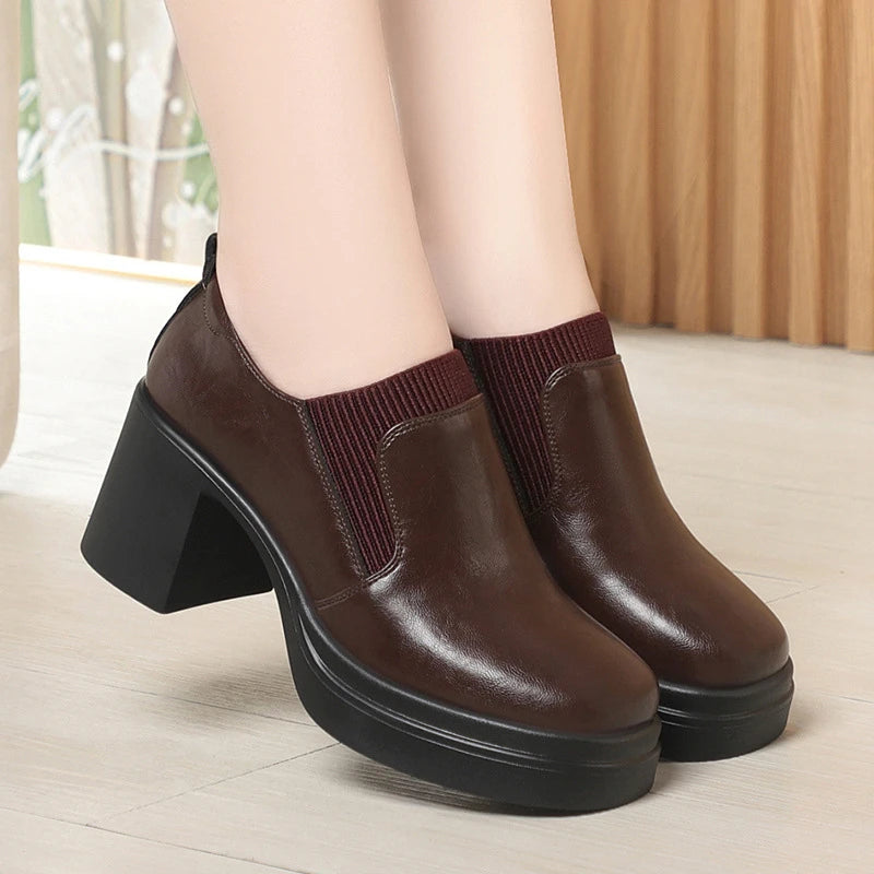 Womens Brown Leather Platform Ankle Boots Chunky Heel Elastic Gore Zpaxo MQ9039 Brown 34(insole 21.5cm) China Mainland