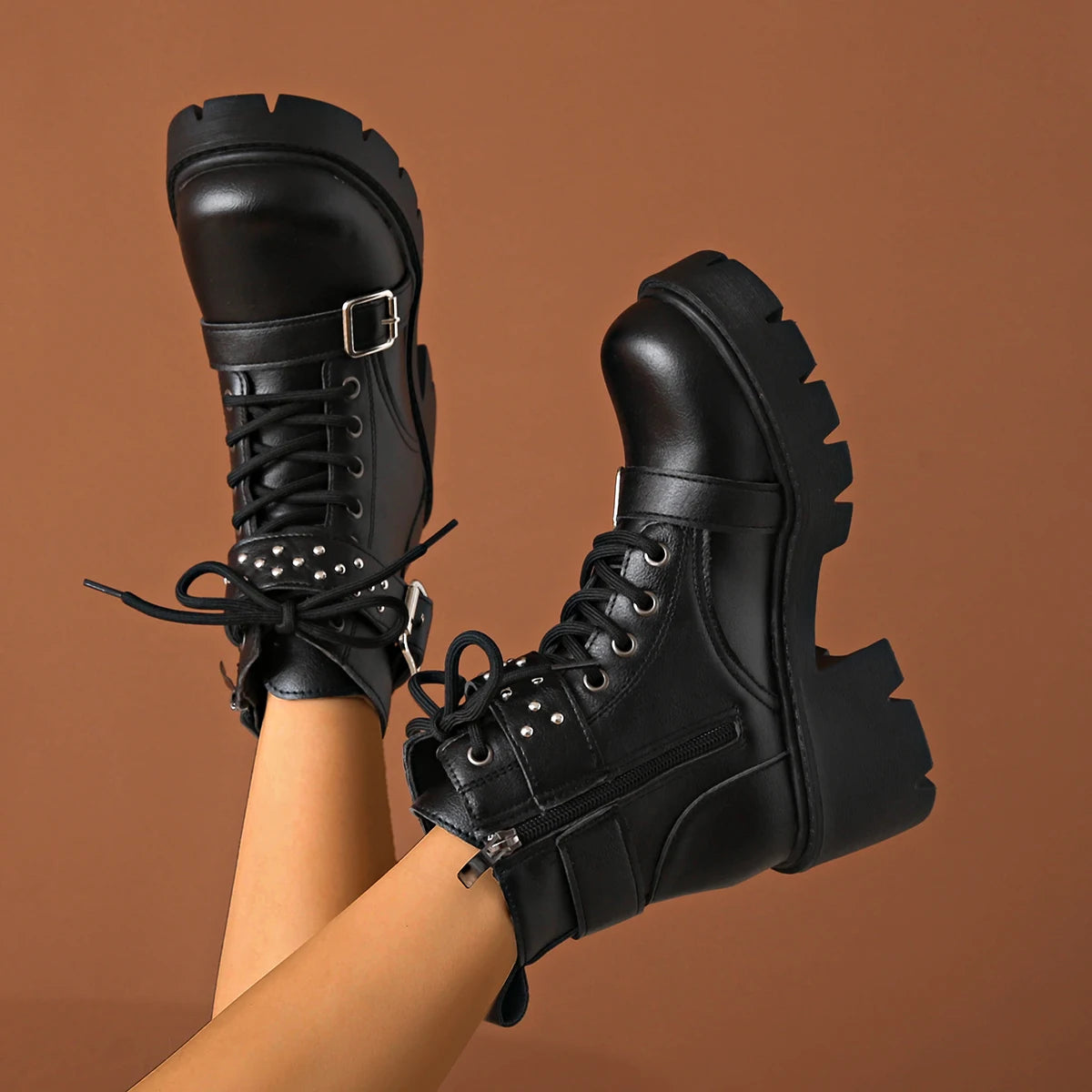 Women Ankle Boots 2025 New Fashion Lace Up Shoes Comfortable Luxury Buckle Strap Boots Women Solid Chunky Heel Mid-Calf Boots Zpaxo