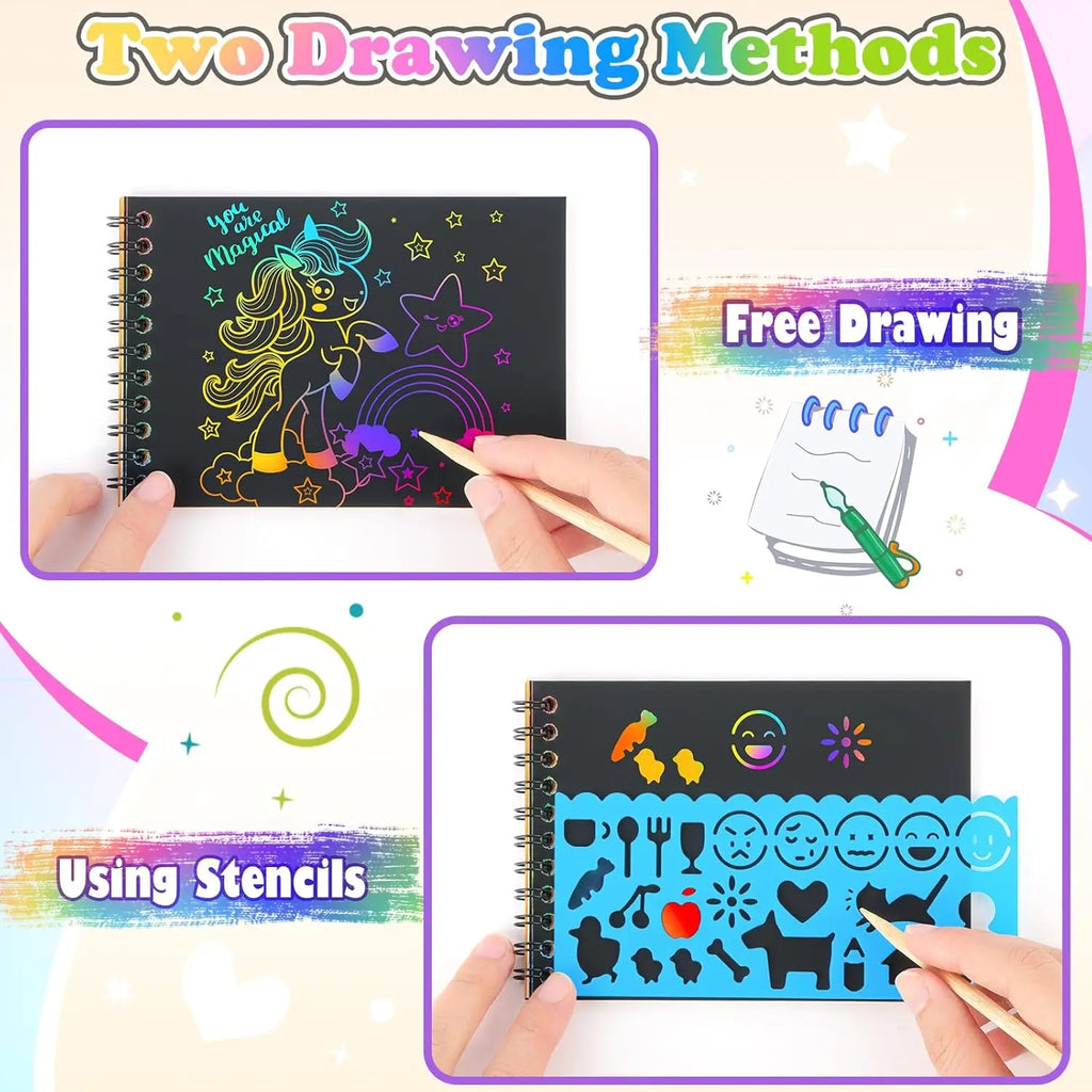 12-Piece Scratch Art Set – Rainbow Notebooks, Stencils & Stylus