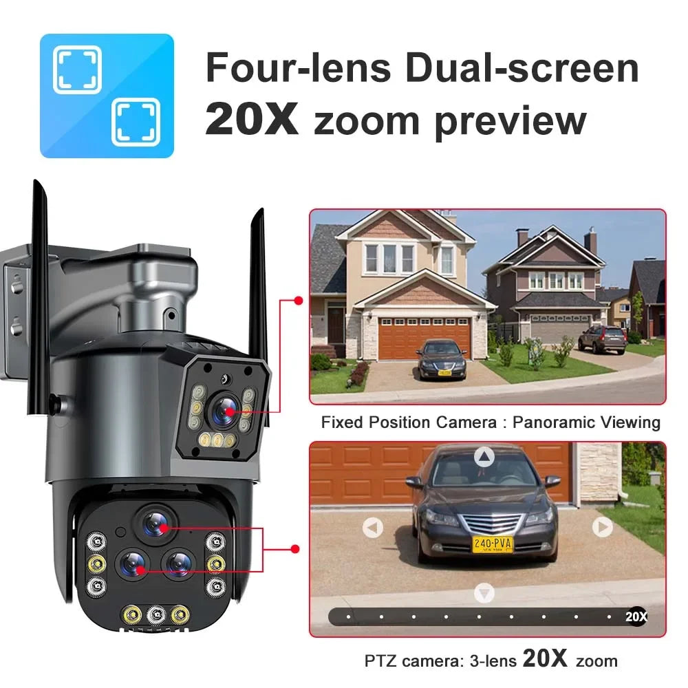 10K 20MP WiFi IP Camera 20X Zoom Four Lens Three Screen PTZ Cameras Outdoor 16MP 8K Video Surveillance Cam CCTV Security Camera Zpaxo