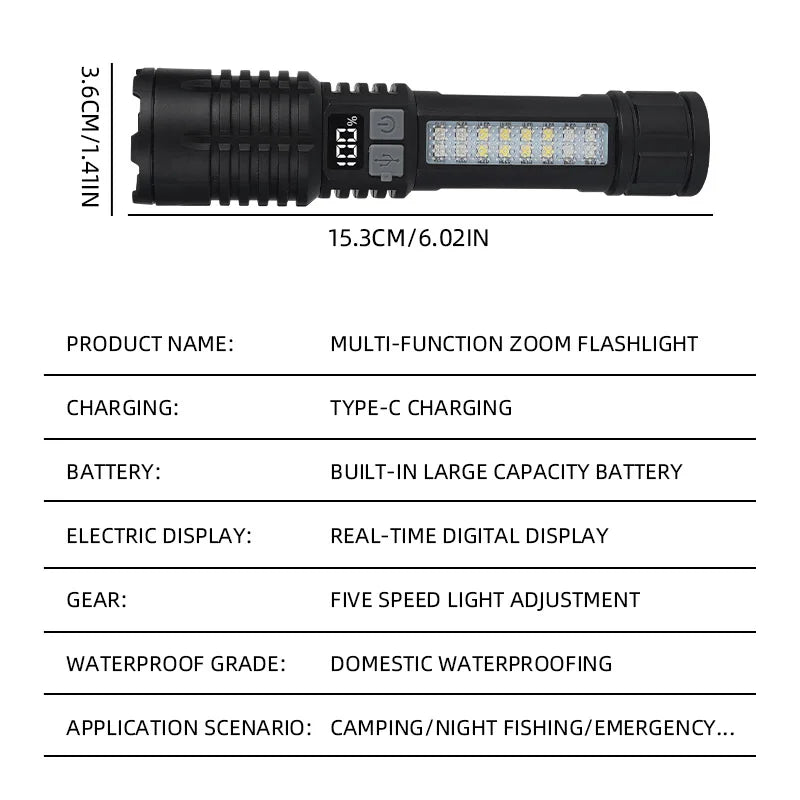High Power LED Flashlight Type-C Rechargeable Waterproof Torch with COB Side Light Zoom Portable Camping Hiking Lamp Zpaxo