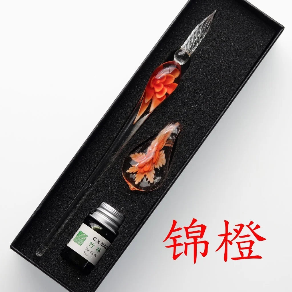 Embedded Flower Glass Dip Pen Set – Elegant Gift Box