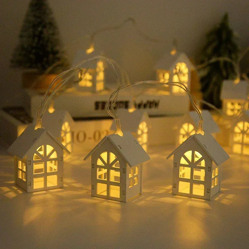 10LED 2M Christmas Wooden House LED Fairy Light String Home Hanging Garland Xmas Tree Ornaments Decoration Lamp 2025 New Year Zpaxo
