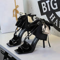 Square Toe Stiletto Heel Sandals Large Floral Print Bow Ankle Strap Zpaxo 1297-1H108M Black 37(insole 23.1cm) China Mainland